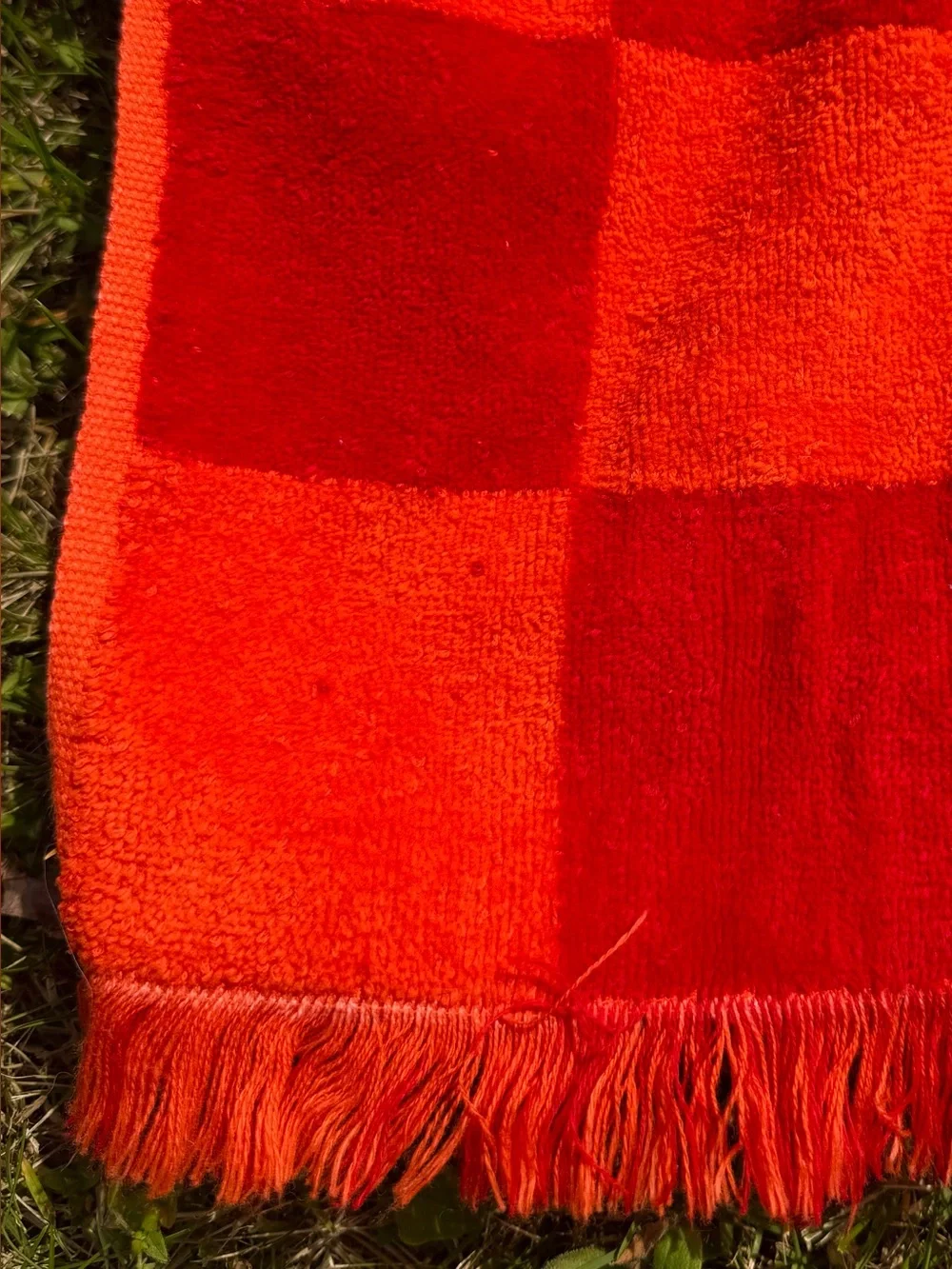 Vintage MCM Fieldcrest CHECKERBOARD Hand Towel Red Orange Cotton Washcloth 2 pc